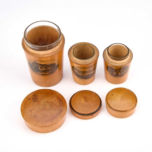 241 - THREE MAUCHLINE WARE GLASS HOLDERS each decorated with a titled and printed scene. (3) Tallest 10.5c... 