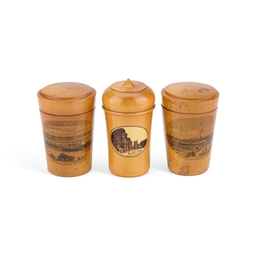 244 - THREE MAUCHLINE WARE GLASS HOLDERS each decorated with a titled and printed scene. (3) Tallest 8.5cm... 