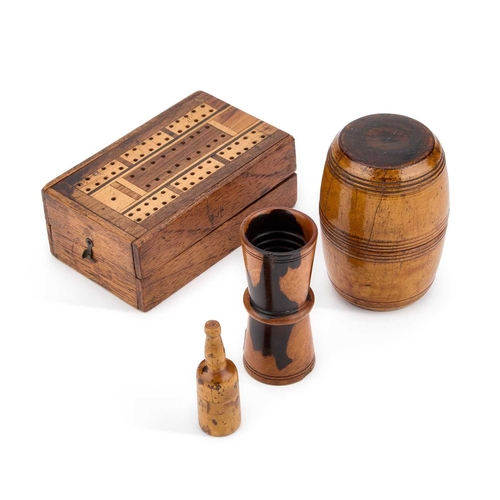 247 - A VICTORIAN TREEN DICE HOLDER in the shape of a bottle with three dice; together with a folding crib... 