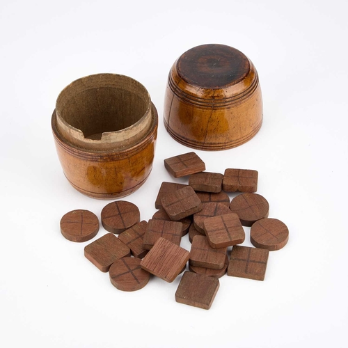 247 - A VICTORIAN TREEN DICE HOLDER in the shape of a bottle with three dice; together with a folding crib... 