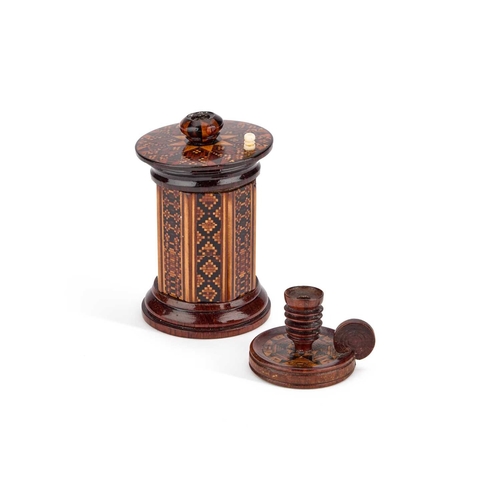 25 - A VICTORIAN TUNBRIDGE WARE GO TO BED WAX CANDLE HOLDER AND A SEALING WAX CANDLE HOLDER the go to bed... 