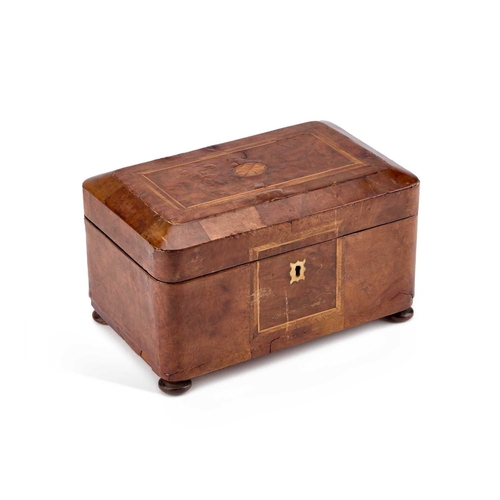 254 - A 19TH CENTURY INLAID WALNUT TEA CADDY rectangular, the interior with twin lidded compartments, rais... 