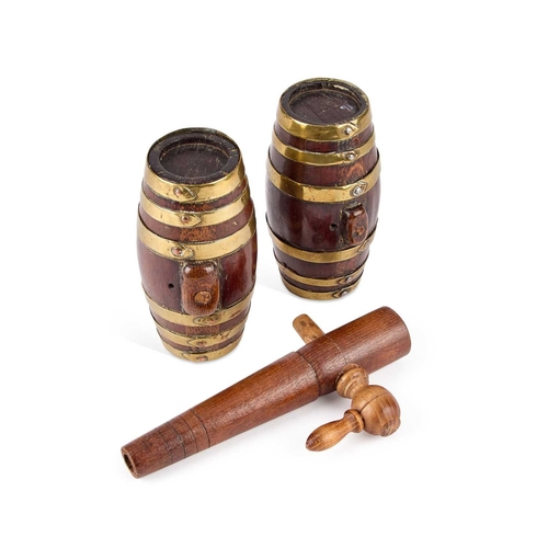 255 - A PAIR OF 19TH CENTURY COSTRELS each coopered and brass-bound; along with a 19th Century spigot. (3)... 