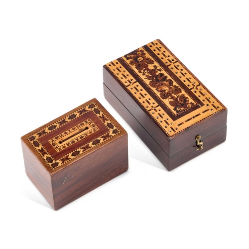 256 - A VICTORIAN TUNBRIDGE WARE MONEY BOX AND A CRIBBAGE BOX the first of rectangular form in rosewood, t... 