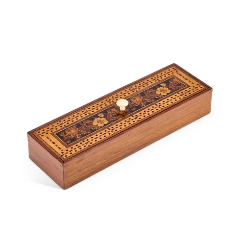 264 - A VICTORIAN ROSEWOOD AND TUNBRIDGE WARE CRIBBAGE BOX rectangular, the lift-off lid with a central bo... 