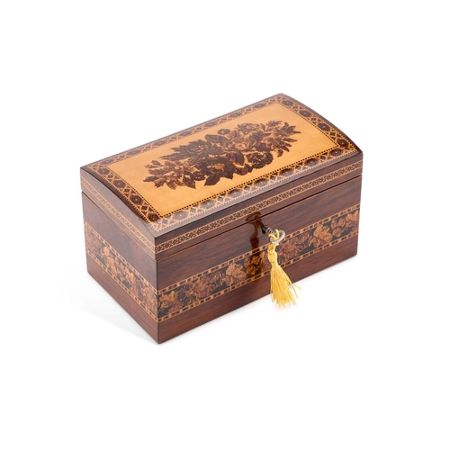 274 - A FINE VICTORIAN TUNBRIDGE WARE TEA CADDY the hinged lid inlaid with a floral spray, the interior wi... 