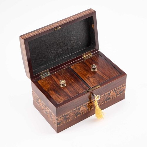 274 - A FINE VICTORIAN TUNBRIDGE WARE TEA CADDY the hinged lid inlaid with a floral spray, the interior wi... 