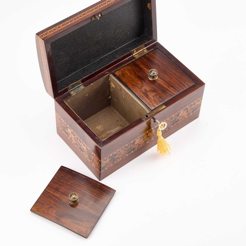 274 - A FINE VICTORIAN TUNBRIDGE WARE TEA CADDY the hinged lid inlaid with a floral spray, the interior wi... 