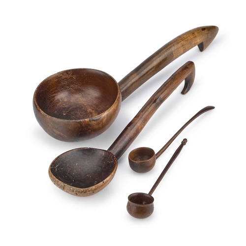 278 - A 19TH CENTURY WELSH CAWL LADLE made from one piece of wood, with a hanging hook to the back; togeth... 