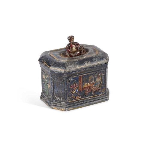 279 - A 19TH CENTURY LEAD TOBACCO BOX rectangular form with canted corners, the pull-off cover with a fini... 