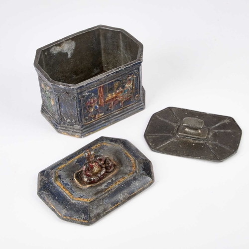 279 - A 19TH CENTURY LEAD TOBACCO BOX rectangular form with canted corners, the pull-off cover with a fini... 