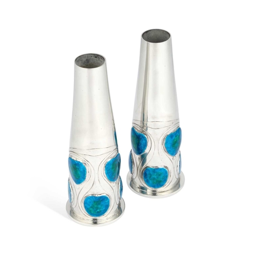 309 - ARCHIBALD KNOX (1864-1933) FOR LIBERTY & CO, A RARE PAIR OF TUDRIC PEWTER AND ENAMEL VASES each of t... 