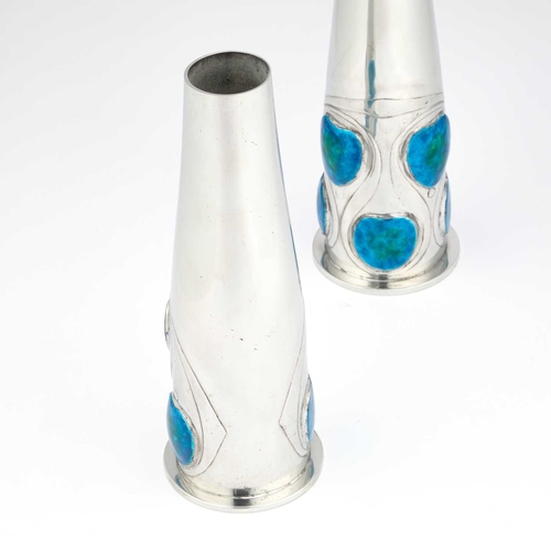 309 - ARCHIBALD KNOX (1864-1933) FOR LIBERTY & CO, A RARE PAIR OF TUDRIC PEWTER AND ENAMEL VASES each of t... 