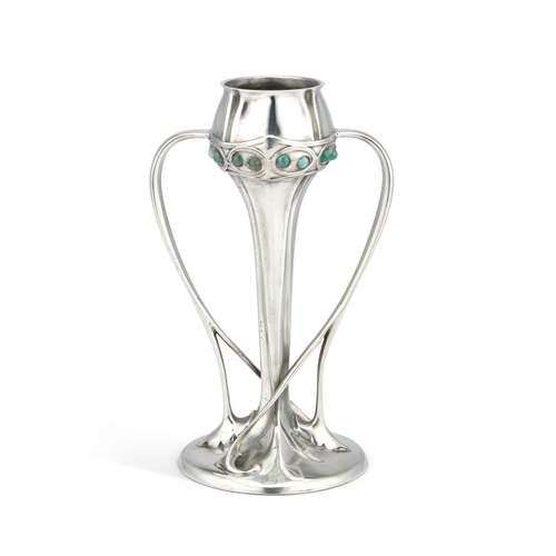 318 - ARCHIBALD KNOX (1864-1933) FOR LIBERTY & CO, A TUDRIC PEWTER AND FAUX TURQUOISE TULIP VASE the taper... 