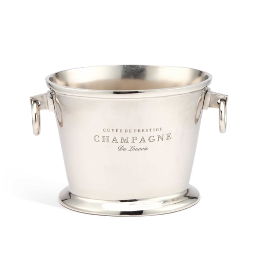 322 - A SILVER PLATED 'CUVEE DE PRESTIGE DU LOUVOIS' CHAMPAGNE BUCKET with two ring handles. 25cm high... 