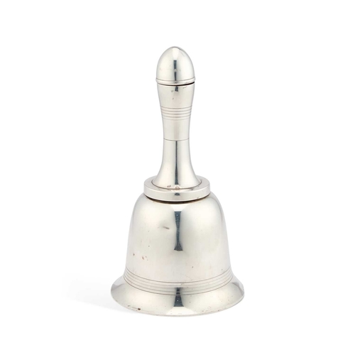 323 - AN EARLY 20TH CENTURY SILVER-PLATED NOVELTY COCKTAIL SHAKER by Dunhill, in the form of a handbell. 2... 