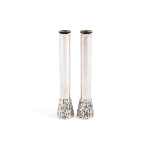 327 - A PAIR OF MAPPIN & WEBB SILVER-PLATED POSY VASES the underside of the bases are marked, each of slen... 