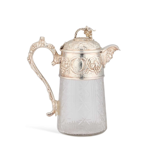 329 - A LARGE SILVER-PLATE MOUNTED CUT-GLASS CLARET JUG by James Dixon & Sons, the mount chased with f... 