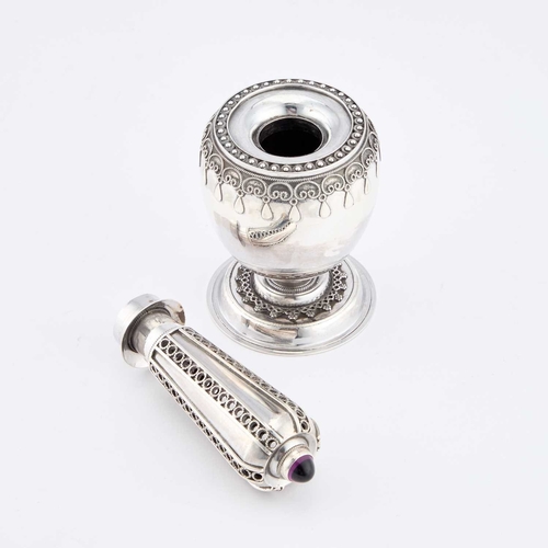 332 - AN ISRAELI STERLING SILVER SPICE TOWER stamped marks, the ovoid body decorated with applied wirework... 