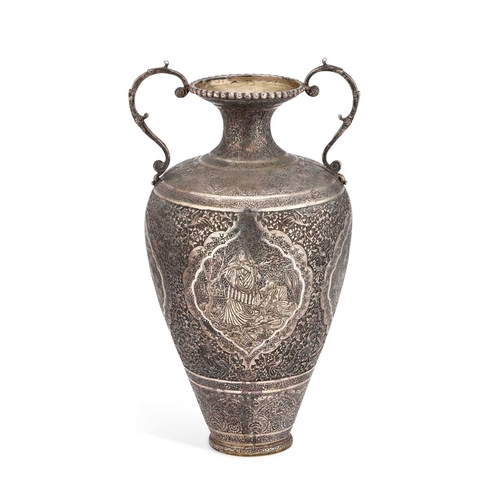 337 - A LARGE PERSIAN SILVER VASE of baluster form with S-scroll handles to the shoulder, the body decorat... 