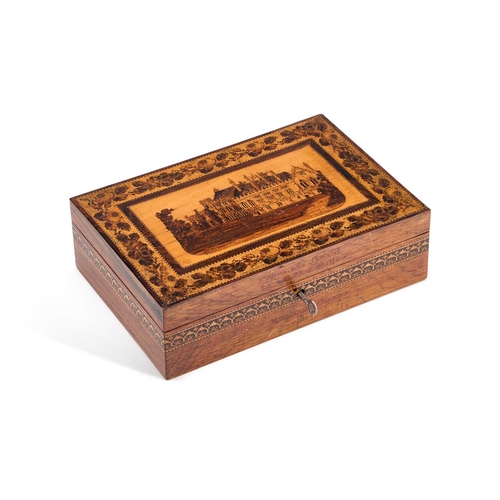 35 - A VICTORIAN ROSEWOOD AND TUNBRIDGE WARE BOX rectangular, the hinged lid inlaid with a view of Battle... 