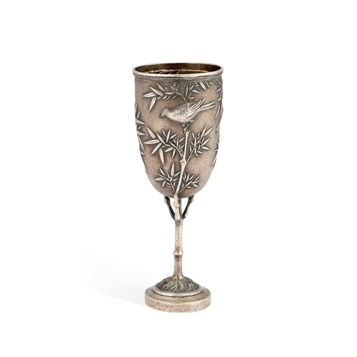 354 - A 19TH CENTURY CHINESE SILVER GOBLET marked to the side of the foot, the ovoid bowl chased with bird... 