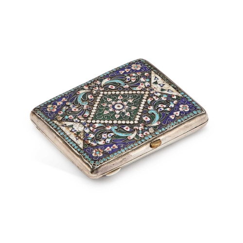 359 - A RUSSIAN SILVER AND CLOISONNÃ ENAMEL CIGARETTE CASE First Kokoshnik mark (1896-1908), rectangular,... 