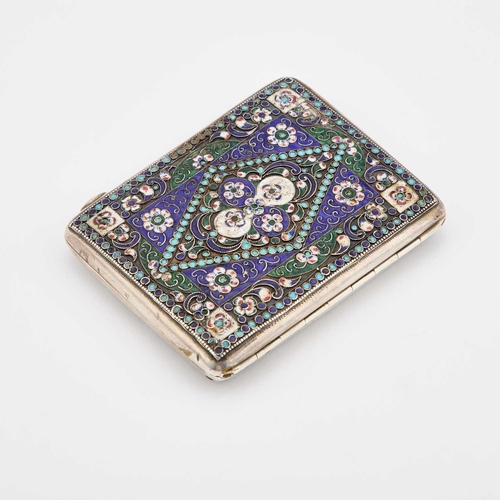 359 - A RUSSIAN SILVER AND CLOISONNÃ ENAMEL CIGARETTE CASE First Kokoshnik mark (1896-1908), rectangular,... 