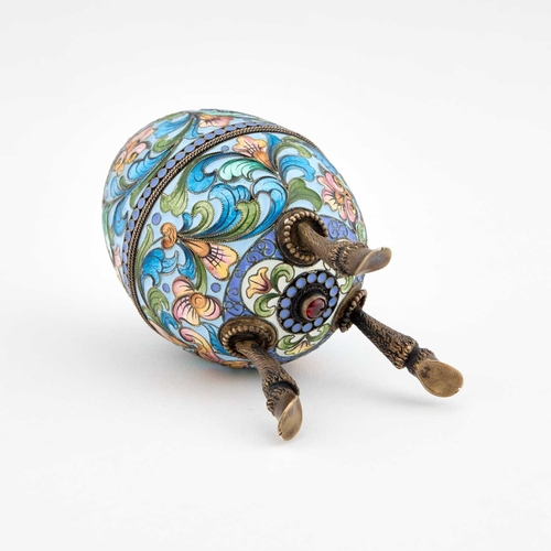 361 - AN EARLY 20TH CENTURY RUSSIAN SILVER AND ENAMEL EGG Moscow, Second Kokoshnik mark, bears FabergÃ© ma... 