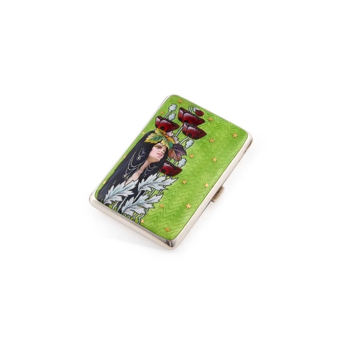 371 - AN ART NOUVEAU GERMAN SILVER AND ENAMEL CIGARETTE CASE 935 standard, early 20th Century, rectangular... 