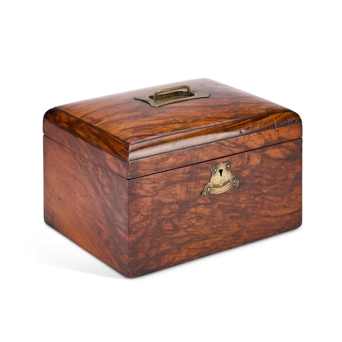 38 - A LARGE VICTORIAN WALNUT WORKBOX with a recessed engraved brass handle and escutcheon, containing a ... 