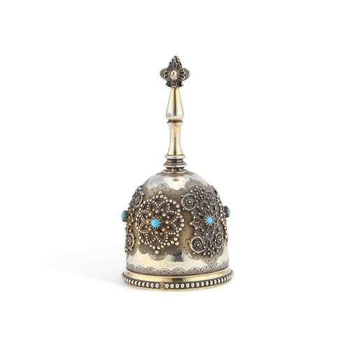 384 - A 19TH CENTURY CONTINENTAL CAST SILVER-GILT TABLE BELL indistinctly marked, decorated with beadwork ... 