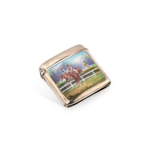 386 - A GERMAN SILVER AND ENAMEL VESTA CASE stamped '935', of rounded rectangular form, shaped for the poc... 