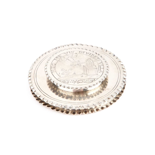 387 - A DUTCH SILVER PYX OR HOST BOX of flattened circular form with a double-opening lid. 8cm diameter, 2... 