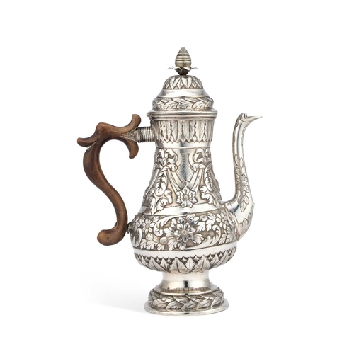 400 - AN 18TH CENTURY MALTESE SILVER COFFEE POT unmarked, of baluster form, boldly chased throughout with ... 