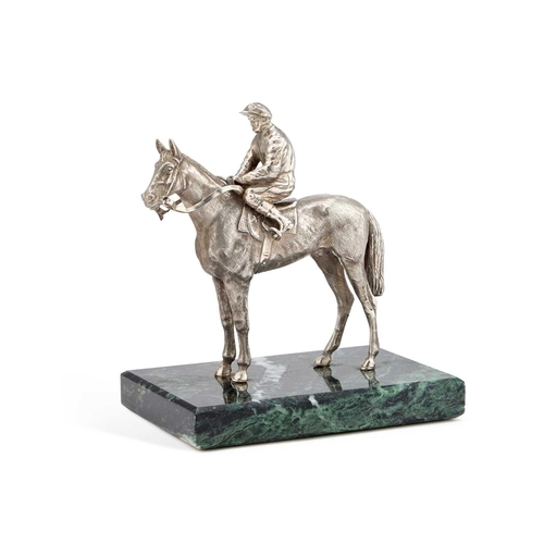 409 - AN ELIZABETH II SILVER MODEL OF A MOUNTED JOCKEY maker's mark illegible, London 1985, realistically ... 