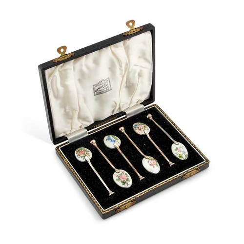 427 - A SET OF SIX ELIZABETH II SILVER AND ENAMEL SPOONS by Henry Clifford Davis, Birmingham 1961, each bo... 