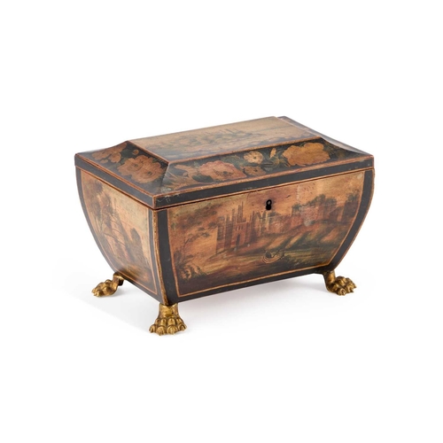 43 - AN UNUSUAL 19TH CENTURY PENWORK WORKBOX of sarcophagus form, raised on gilt brass paw feet, the side... 