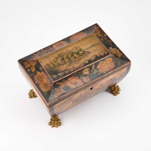 43 - AN UNUSUAL 19TH CENTURY PENWORK WORKBOX of sarcophagus form, raised on gilt brass paw feet, the side... 