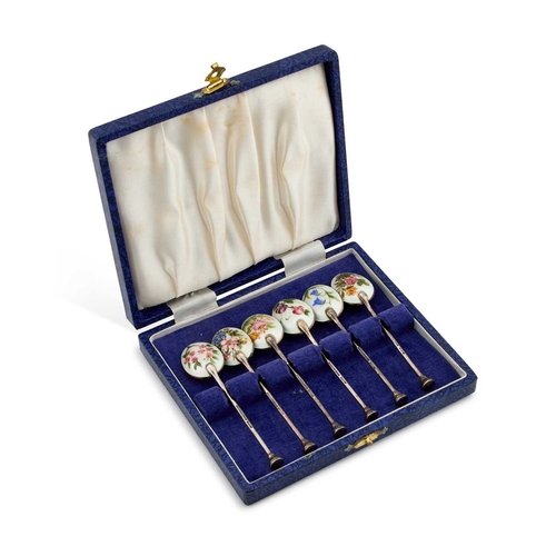 439 - A SET OF SIX ELIZABETH II SILVER AND ENAMEL SPOONS by Henry Clifford Davis, Birmingham 1957, each bo... 