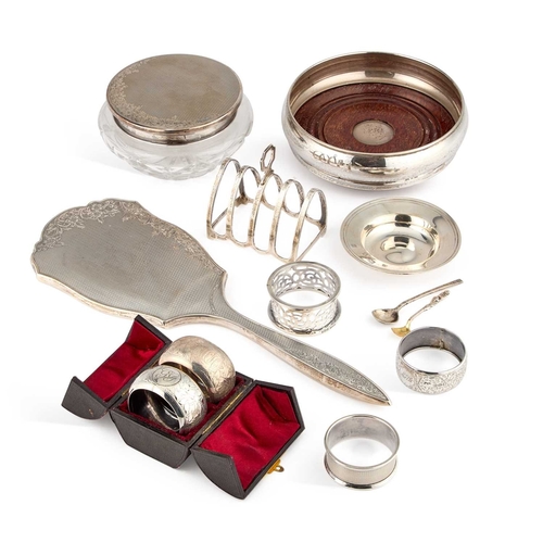 444 - A MIXED LOT OF SILVER including a silver-topped jar, five silver napkin rings, silver coaster, etc. ... 