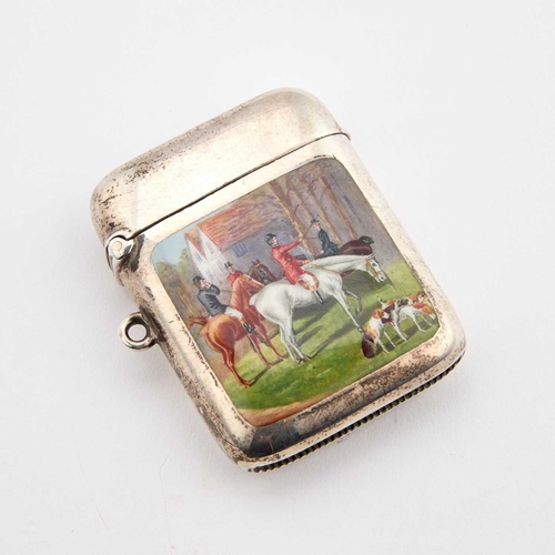 450 - AN EDWARDIAN SILVER AND ENAMEL VESTA CASE by George Randle, Birmingham 1902, of rounded rectangular ... 