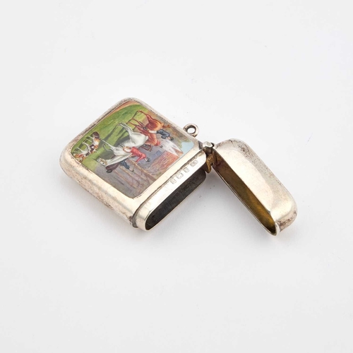 450 - AN EDWARDIAN SILVER AND ENAMEL VESTA CASE by George Randle, Birmingham 1902, of rounded rectangular ... 