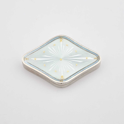 455 - A CONTINENTAL SILVER AND ENAMEL PILL BOX early 20th Century, lozenge-shaped, the pull-off cover deco... 