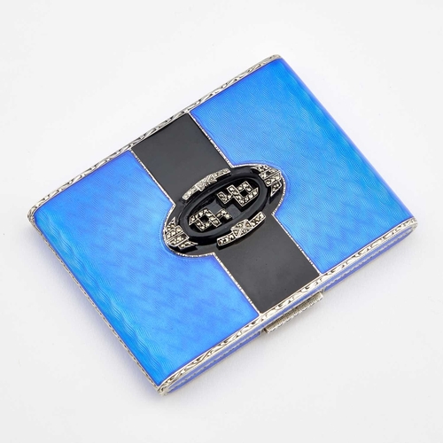 477 - AN ART DECO SILVER, ENAMEL AND MARCASITE CASE import marks, George Stockwell, London 1930, decorated... 