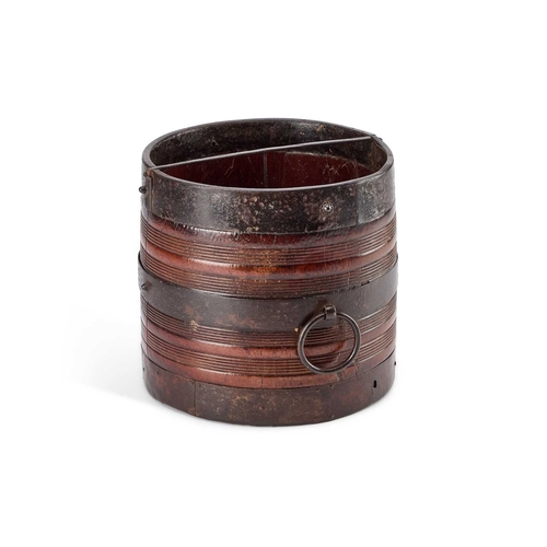 48 - A 19TH CENTURY INDIAN IRON-MOUNTED TEAK GRAIN MEASURE cylindrical with reeded bands and large loop c... 