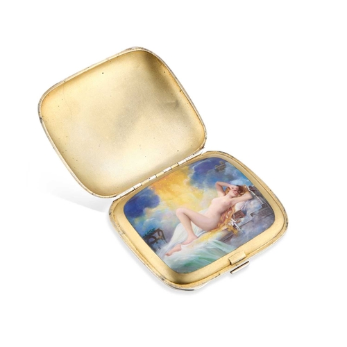 481 - A LATE 19TH/ EARLY 20TH CENTURY DOUBLE COVER ENAMELLED EROTIC CIGARETTE CASE of plain curved form, t... 