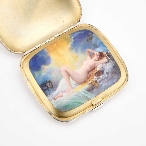 481 - A LATE 19TH/ EARLY 20TH CENTURY DOUBLE COVER ENAMELLED EROTIC CIGARETTE CASE of plain curved form, t... 