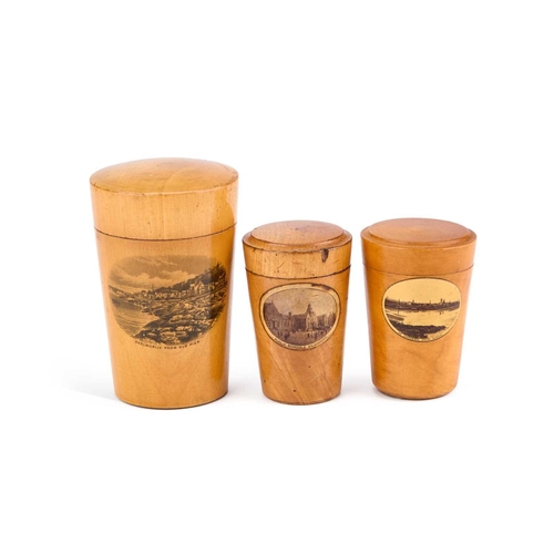 5 - THREE MAUCHLINE WARE GLASS HOLDERS each decorated with a titled and printed scene. (3) Tallest 10.5c... 