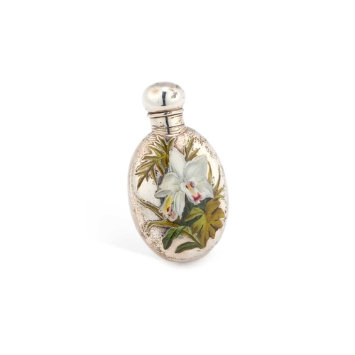 503 - A VICTORIAN SILVER AND ENAMEL SCENT BOTTLE by Sampson Mordan II, London 1887, oval, with a screw-dow... 